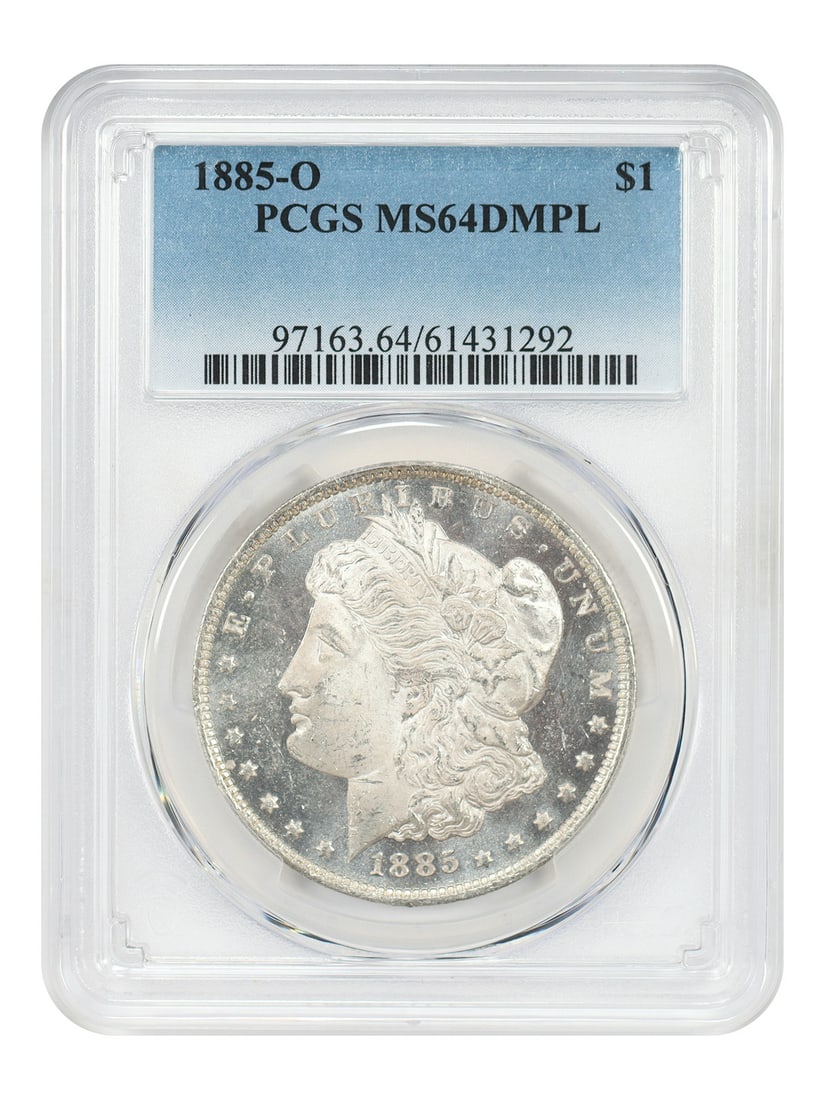 PCGS MS64DMPL 1885-O Morgan Silver Dollar from New Orleans Mint: PCGS MS64DMPL 1885-O Morgan Silver Dollar from New Orleans Mint This is an 1885-O Morgan Dollar graded MS64DMPL by PCGS. The coin is uncirculated and features a deep mirror proof-like (DMPL) finish. M