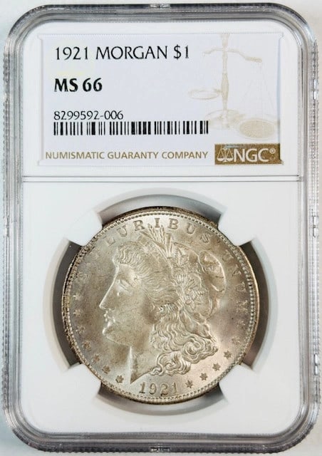 NGC MS66 graded 1921 silver dollar from United States: NGC MS66 graded 1921 silver dollar from United States This 1921 Morgan Silver Dollar is certified by NGC with a grade of MS 66, indicating it is in uncirculated condition. Struck in the United States,
