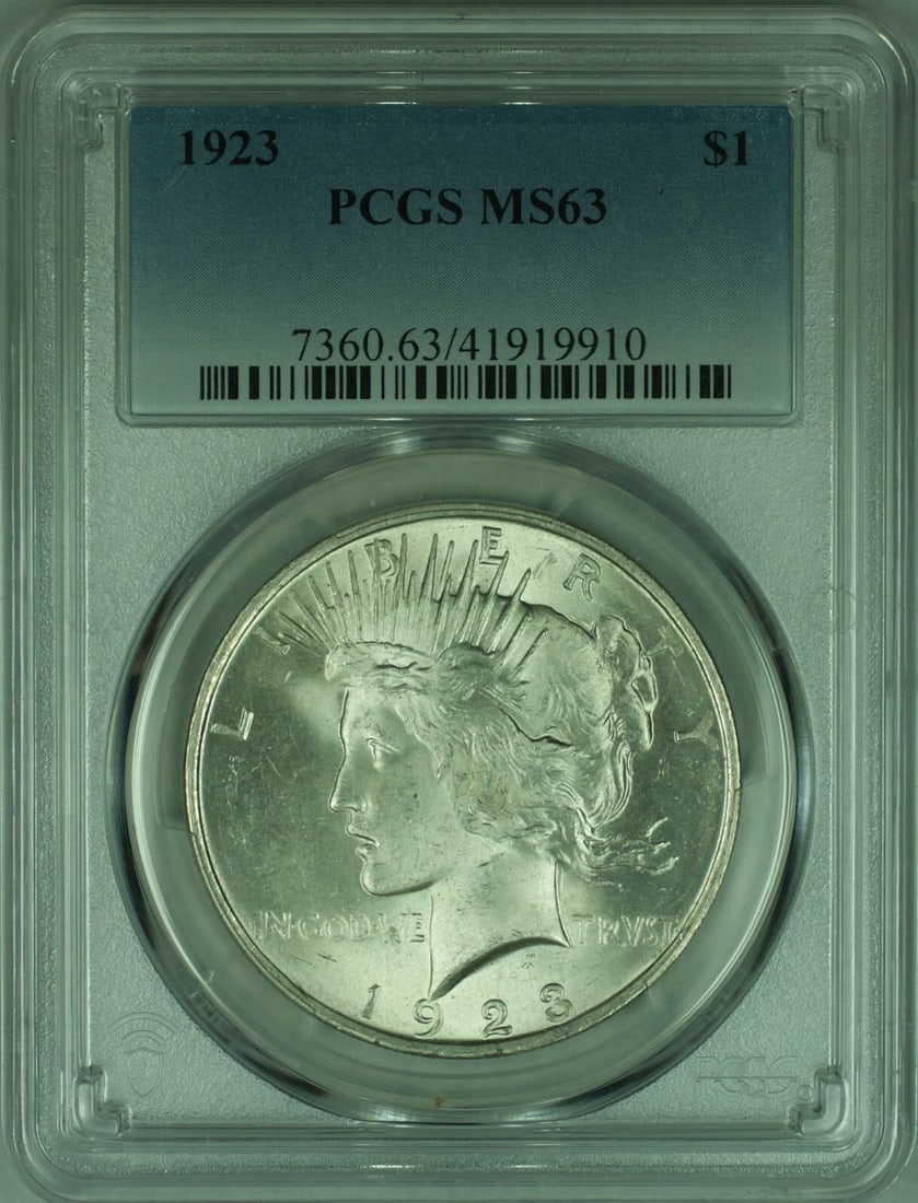 PCGS MS63 1923 Peace Dollar Uncirculated Silver Coin: PCGS MS63 1923 Peace Dollar Uncirculated Silver Coin This 1923 Peace Silver Dollar features a silver composition with a fineness of 0.9. Graded MS-63 by PCGS, it is an uncirculated coin minted in Phil