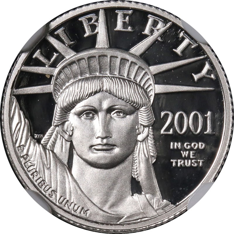 NGC PF70 Ultra Cameo 2001-W $10 Platinum Eagle Coin: NGC PF70 Ultra Cameo 2001-W $10 Platinum Eagle Coin This 2001-W Platinum American Eagle $10 coin is certified by NGC with a PF70 Ultra Cameo grade, indicating a perfect, uncirculated condition. Struck