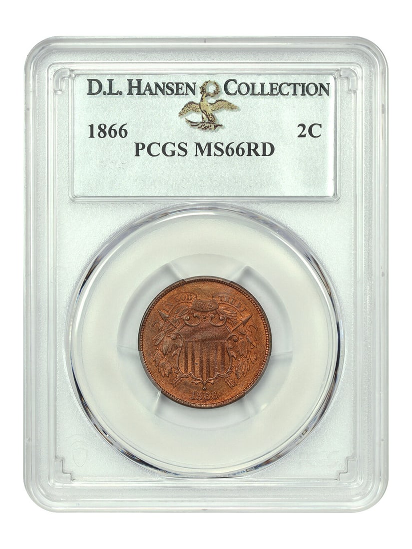 1866 Two Cent Coin MS66RD PCGS D.L. Hansen Exquisite Gem: 1866 Two Cent Coin MS66RD PCGS D.L. Hansen Exquisite Gem This 1866 Two-Cent coin is a stunning example of numismatic excellence, certified by PCGS with a grade of MS66RD. Struck in Philadelphia, it sh