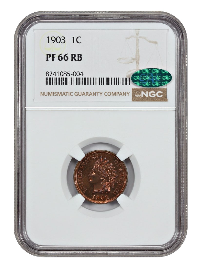 1903 Indian Cent NGC CAC PR66RB Fiery Orange Red Proof: 1903 Indian Cent NGC CAC PR66RB Fiery Orange Red Proof This stunning 1903 Indian Cent is certified by NGC with a PR66RB grade, showcasing its exceptional quality. Struck at the Philadelphia mint, this