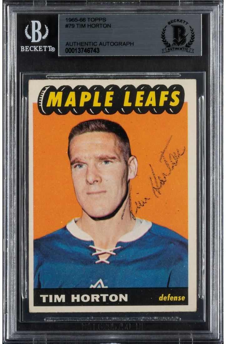 1965 Topps Tim Horton #79 Signed Hockey Card BAS Authenticated RARE: 1965 Topps Tim Horton #79 Signed Hockey Card BAS Authenticated RARE This is a rare 1965 Topps Tim Horton #79 signed hockey card, featuring a bold autograph authenticated by Beckett Authentication Serv