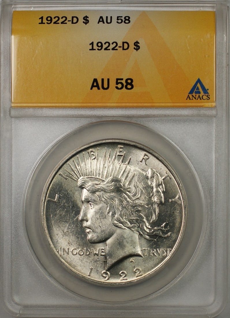 ANACS AU-58 1922-D Peace Dollar Silver Coin from Denver Mint: ANACS AU-58 1922-D Peace Dollar Silver Coin from Denver Mint This 1922-D Peace Silver Dollar coin is certified by ANACS with a grade of AU-58. Minted in Denver, it features a $1 denomination and is co