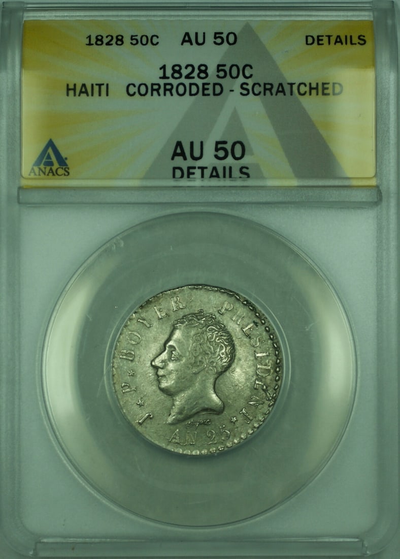 ANACS AU 50 Haiti 1828 Silver 50 Centimes KM 20 Corroded Scratched: ANACS AU 50 Haiti 1828 Silver 50 Centimes KM 20 Corroded Scratched This 1828 Haiti 50 Centimes silver coin is certified by ANACS with a grade of AU 50 Details. The coin exhibits signs of corrosion and