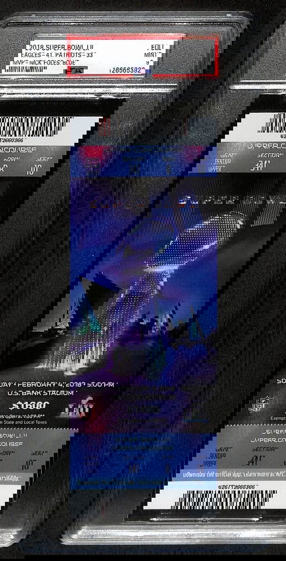 2018 Super Bowl LII Full Ticket Eagles vs Patriots PSA Mint 9: 2018 Super Bowl LII Full Ticket Eagles vs Patriots PSA Mint 9 This is an original full ticket from the 2018 Super Bowl LII (52) featuring the Philadelphia Eagles (41) versus the New England Patriots (