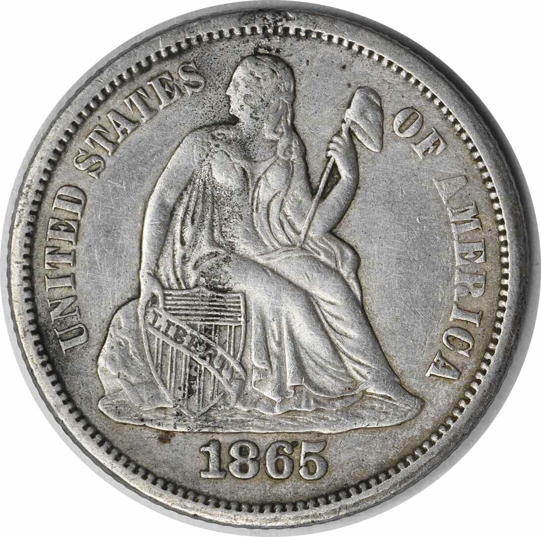 1865-S Liberty Seated Silver Dime 10C by Gobrecht Uncertified: 1865-S Liberty Seated Silver Dime 10C by Gobrecht Uncertified This 1865-S Liberty Seated Silver Dime is a remarkable piece of numismatic history. Produced in San Francisco, this coin features a design