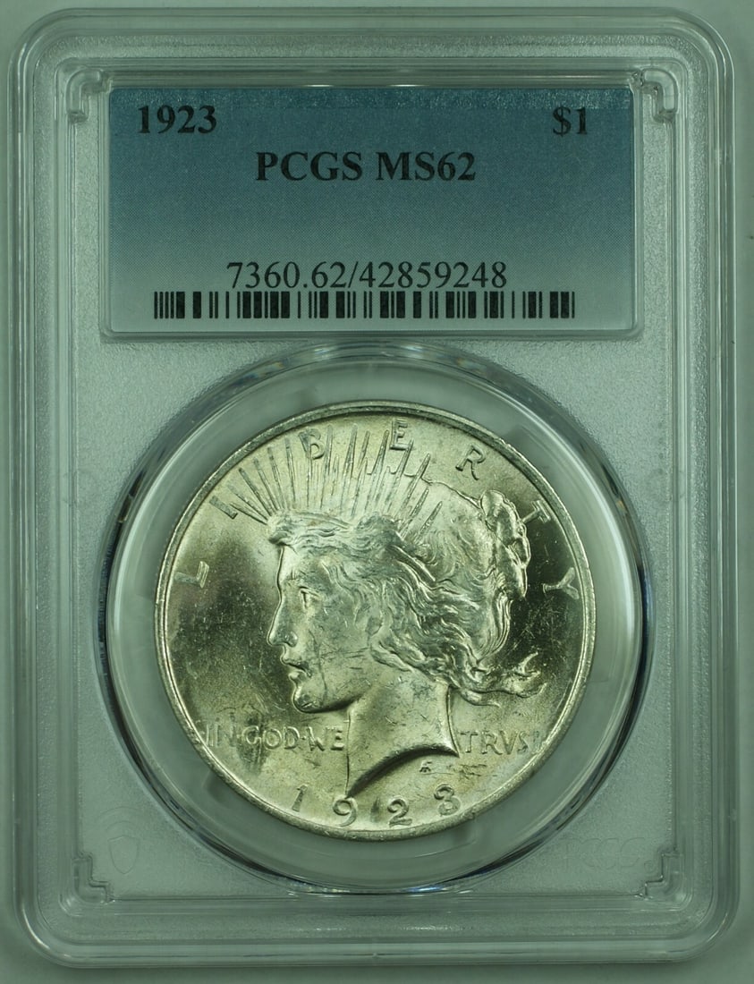 PCGS MS62 1923 Philadelphia Peace Dollar Silver Coin: PCGS MS62 1923 Philadelphia Peace Dollar Silver Coin This is a 1923 Peace Silver Dollar minted in Philadelphia. Certified by PCGS with a grade of MS-62, this uncirculated coin is composed of 90% silve