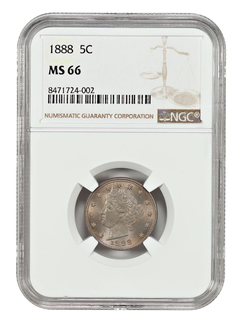 1888 Liberty Nickel 5C NGC Certified MS66 Philadelphia: 1888 Liberty Nickel 5C NGC Certified MS66 Philadelphia This 1888 Liberty Nickel is graded MS66 by NGC and is an uncirculated coin from the Philadelphia Mint. It features attractive light yellow toning