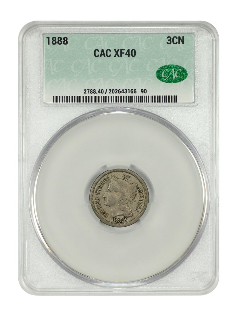 1888 Three Cent Nickel CACG XF40 Low Mintage Coin: 1888 Three Cent Nickel CACG XF40 Low Mintage Coin This 1888 Three Cent Nickel is a rare find, certified by CACG with a certification number of 202643166. It features a low mintage of only 36,500 coins