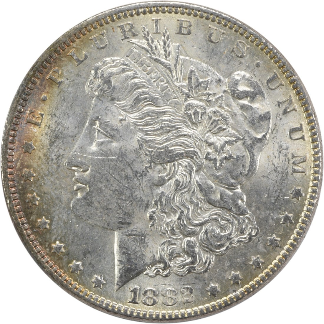 1882 Philadelphia Morgan Dollar 90 Silver AU Uncertified US Coin: 1882 Philadelphia Morgan Dollar 90 Silver AU Uncertified US Coin This 1882 Morgan Silver Dollar was minted in Philadelphia and features a composition of 90% silver and 10% copper. Designed by George T
