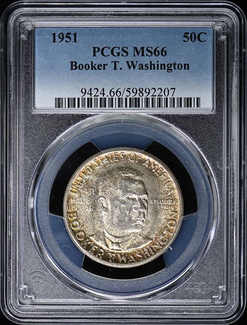 1951 Booker T. Washington Silver Half Dollar PCGS MS66 Certified: 1951 Booker T. Washington Silver Half Dollar PCGS MS66 Certified This is a 1951 Booker T. Washington 50 cent silver commemorative coin from the United States, certified by PCGS with a grade of MS66. T
