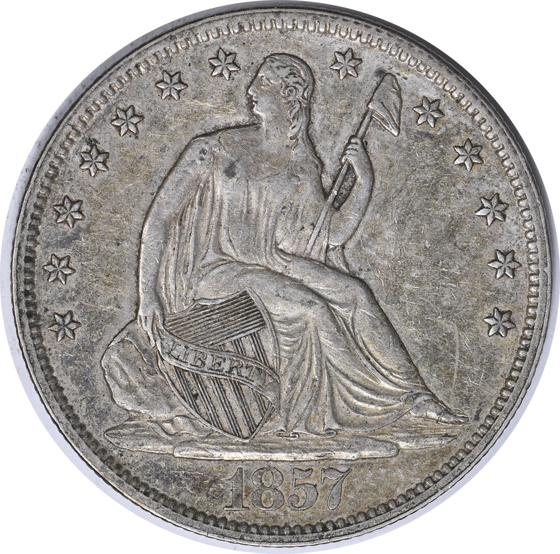 1857 Liberty Seated Silver Half Dollar AU Uncertified 50C Philadelphia Mint: 1857 Liberty Seated Silver Half Dollar AU Uncertified 50C Philadelphia Mint This 1857 Liberty Seated Silver Half Dollar is a remarkable piece for collectors, featuring a beautiful design by Thomas Sul