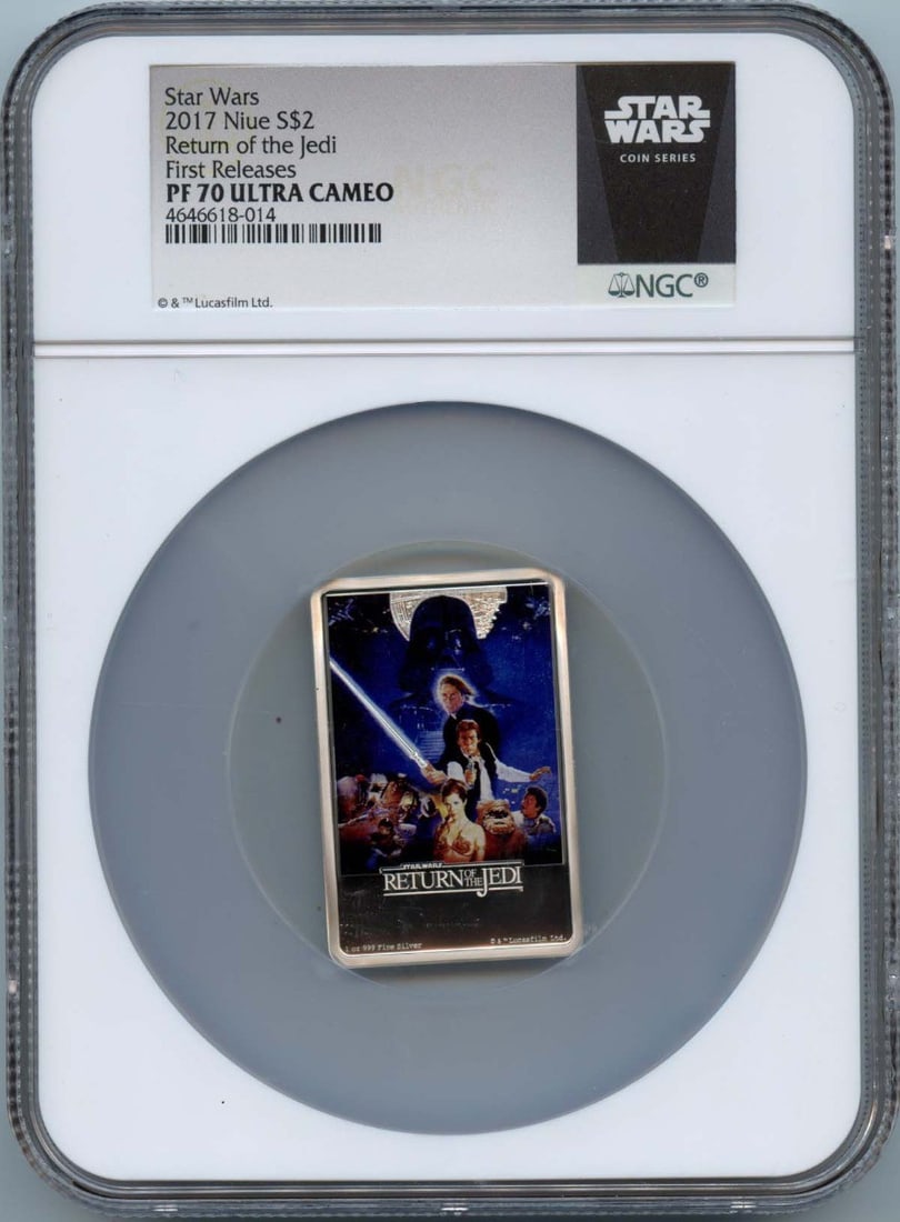 2017 Niue Return of the Jedi S$2 NGC PR70DCAM Coin: 2017 Niue Return of the Jedi S$2 NGC PR70DCAM Coin Introducing the 2017 Niue Return of the Jedi First Releases S$2 coin, certified by NGC with a perfect PR70 grade and DCAM designation. This uncircula