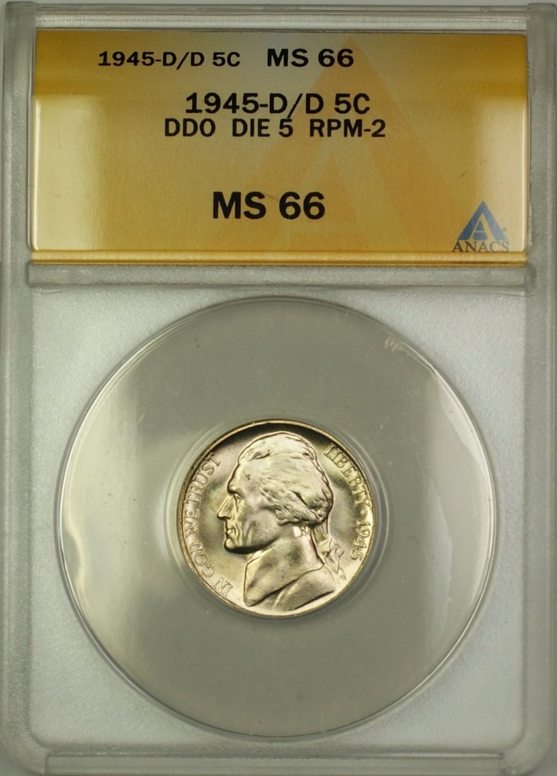 ANACS MS-66 1945-D Wartime Silver Jefferson Nickel RPM-2 DDO DIE 5: ANACS MS-66 1945-D Wartime Silver Jefferson Nickel RPM-2 DDO DIE 5 This 1945-D/D RPM-2 DDO DIE 5 Wartime Silver Jefferson Nickel is an uncirculated 5-cent coin certified by ANACS with a grade of MS 66