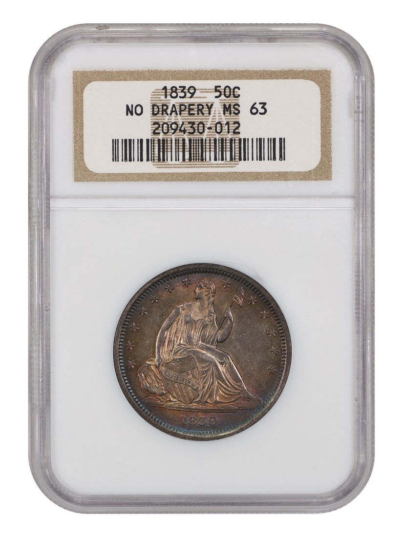 1839 Liberty Seated Half Dollar No Drapery NGC MS63 Rare Mint State Coin: 1839 Liberty Seated Half Dollar No Drapery NGC MS63 Rare Mint State Coin This 1839 Liberty Seated Half Dollar is a scarce 'No Drapery' variety, certified by NGC as MS63. It features original, satiny s