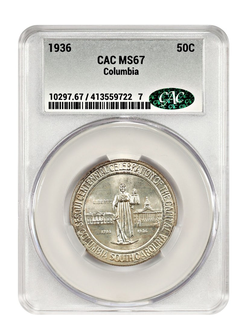 1936 50C Columbia CACG MS67 Classic Silver Commemorative Low Mintage: 1936 50C Columbia CACG MS67 Classic Silver Commemorative Low Mintage This 1936 50C Columbia Classic Silver Commemorative coin is a remarkable piece of numismatic history, graded MS67 by CACG. It is pa