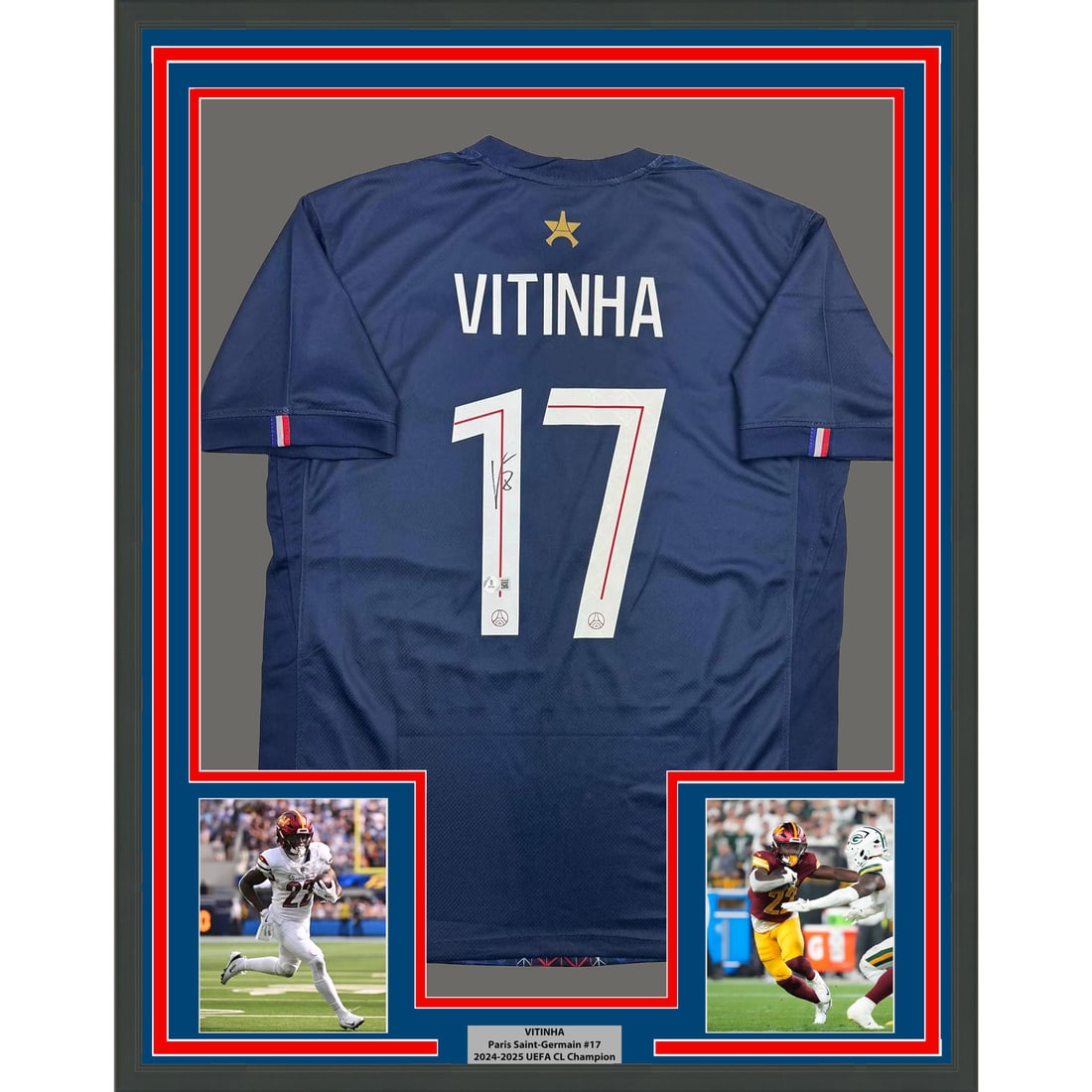 Vitinha Signed Paris Saint-Germain Jersey 35x39 Framed with Photos Beckett Authenticated: Vitinha Signed Paris Saint-Germain Jersey 35x39 Framed with Photos Beckett Authenticated This professionally framed and matted Paris Saint-Germain (PSG) jersey features an authentic autograph from Vit
