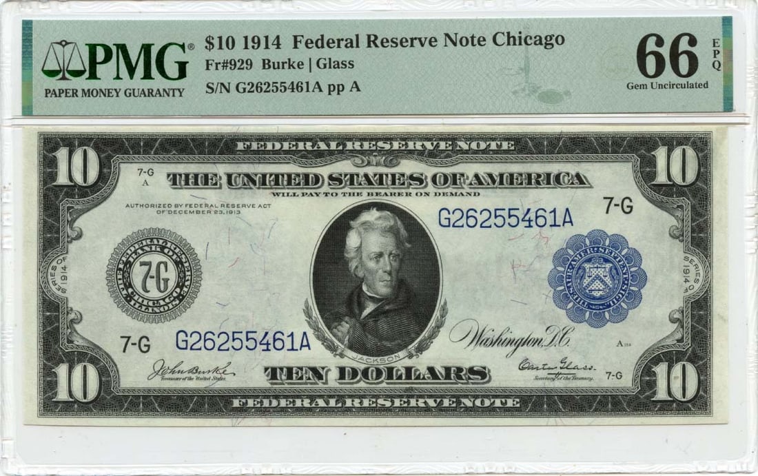 PMG GEM 66 EPQ 1914 $10 Chicago Federal Reserve Note FR#929 Green Top Pop: PMG GEM 66 EPQ 1914 $10 Chicago Federal Reserve Note FR#929 Green Top Pop This 1914 $10 Federal Reserve Note from Chicago (FR#929) is graded PMG GEM 66 EPQ, representing the finest known condition for
