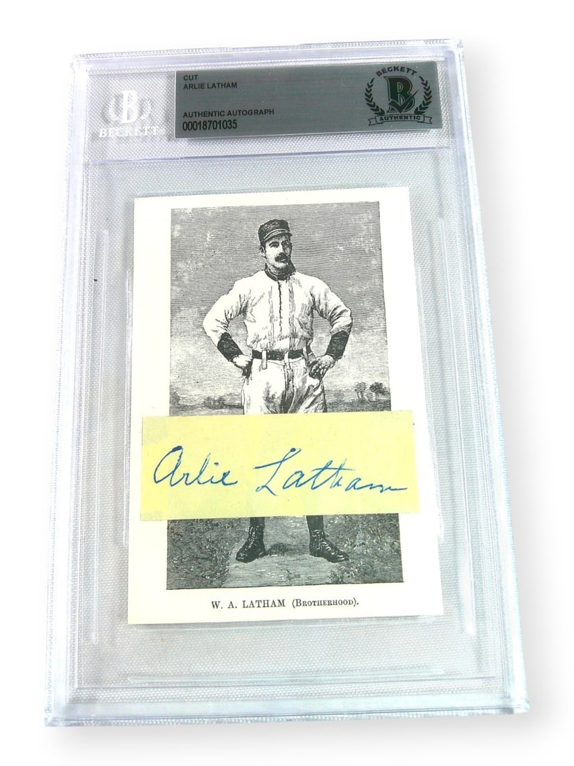 Arlie Latham Cut Signature Autograph With Card Beckett Authenticated Reds: Arlie Latham Cut Signature Autograph With Card Beckett Authenticated Reds This is an original cut signature autographed by Arlie Latham, presented with a card. The autograph has been authenticated by