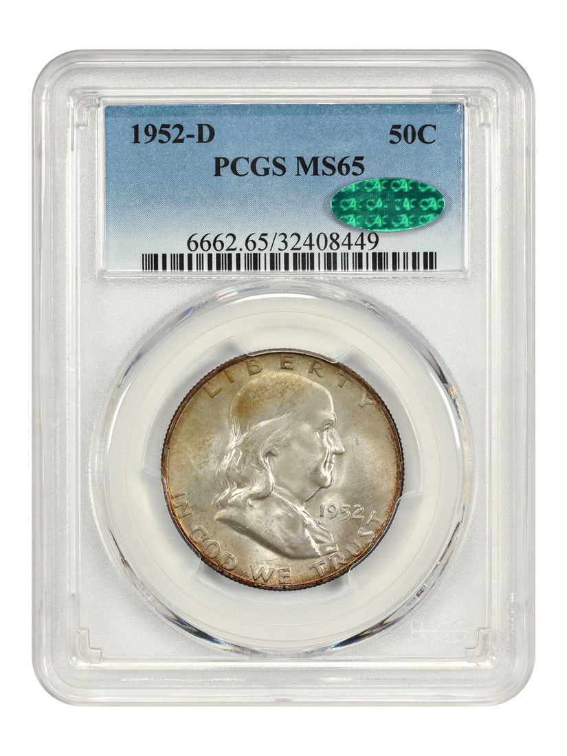 1952-D Franklin Half Dollar PCGS MS65 CAC Certified Uncirculated: 1952-D Franklin Half Dollar PCGS MS65 CAC Certified Uncirculated This 1952-D Franklin Half Dollar is certified by PCGS with a grade of MS65, signifying its uncirculated condition. Minted in Denver, th