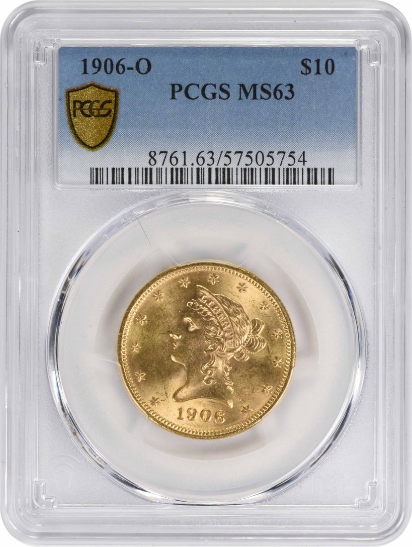 1906-O $10 Gold Liberty Head MS63 PCGS Certified Coin: 1906-O $10 Gold Liberty Head MS63 PCGS Certified Coin This stunning 1906-O $10 Gold Liberty Head coin showcases the artistry of designer Christian Gobrecht. With a grade of MS63 from PCGS, this coin i