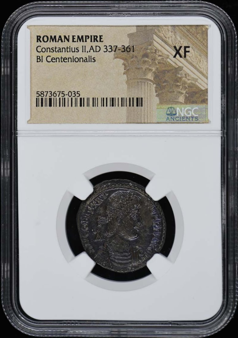 Constantius II Ancient Roman Coin Centenionalis NGC XF40: Constantius II Ancient Roman Coin Centenionalis NGC XF40 This Ancient Roman coin features Constantius II, who ruled from AD 337 to 361. It is a Bi Centenionalis, certified by NGC with a grade of XF40,