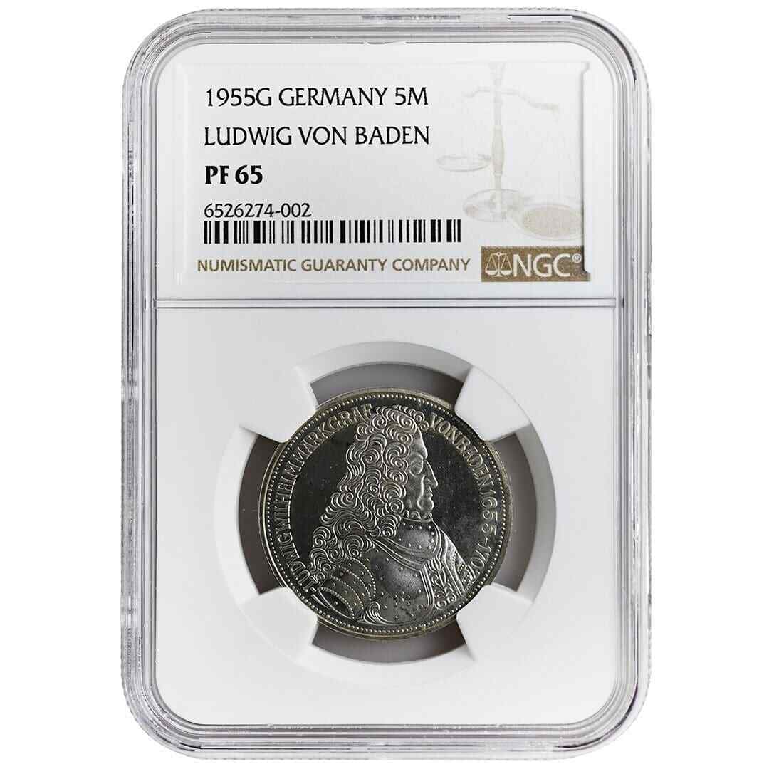 Rare 1955-G Germany 5 Mark Silver Coin NGC PF65 Ludwig Von Baden: Rare 1955-G Germany 5 Mark Silver Coin NGC PF65 Ludwig Von Baden This rare 1955-G Germany 5 Mark coin features Ludwig Von Baden and is certified by NGC with a grade of PF 65, indicating its uncirculat