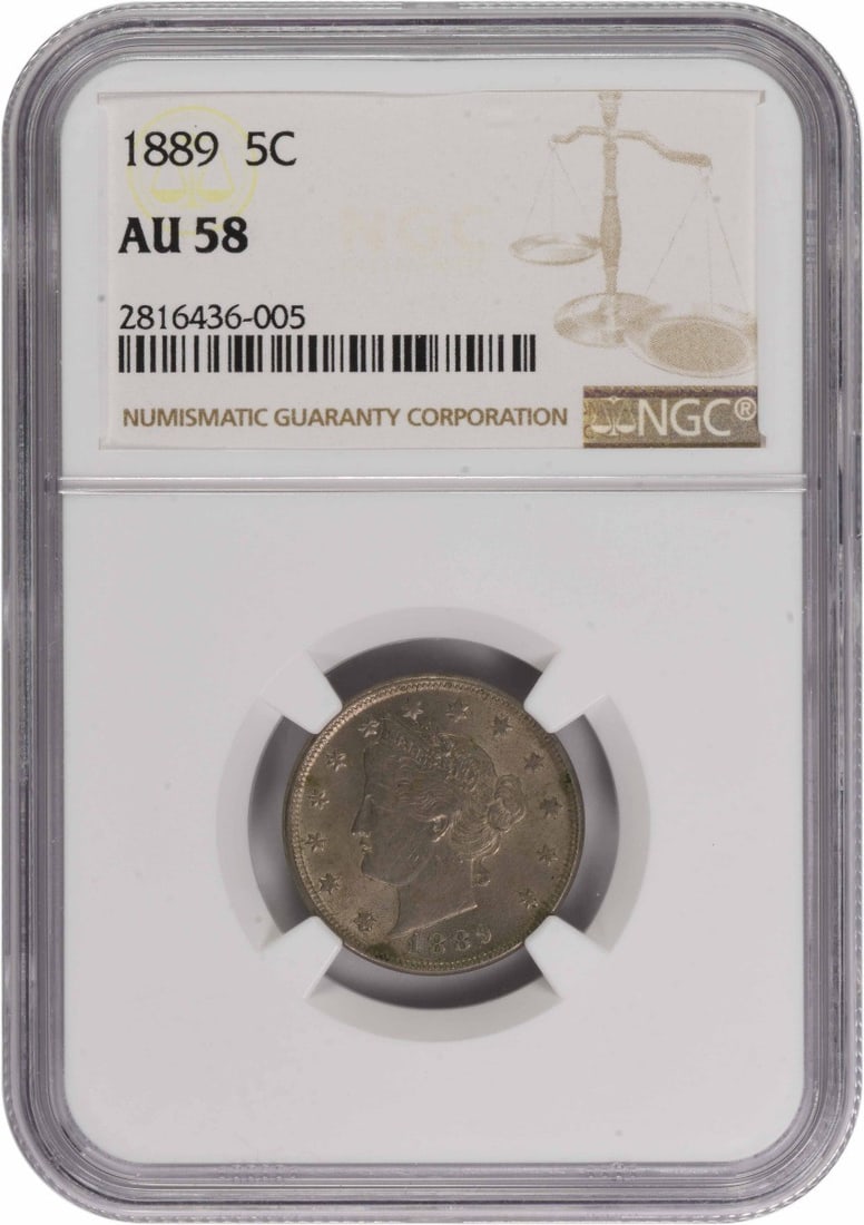 NGC AU58 1889 Liberty 5 Cent Coin United States: NGC AU58 1889 Liberty 5 Cent Coin United States This 1889 Liberty Nickel is graded AU58 by NGC. Struck at the Philadelphia Mint, it features a composition of 75% copper and 25% nickel. The coin was de