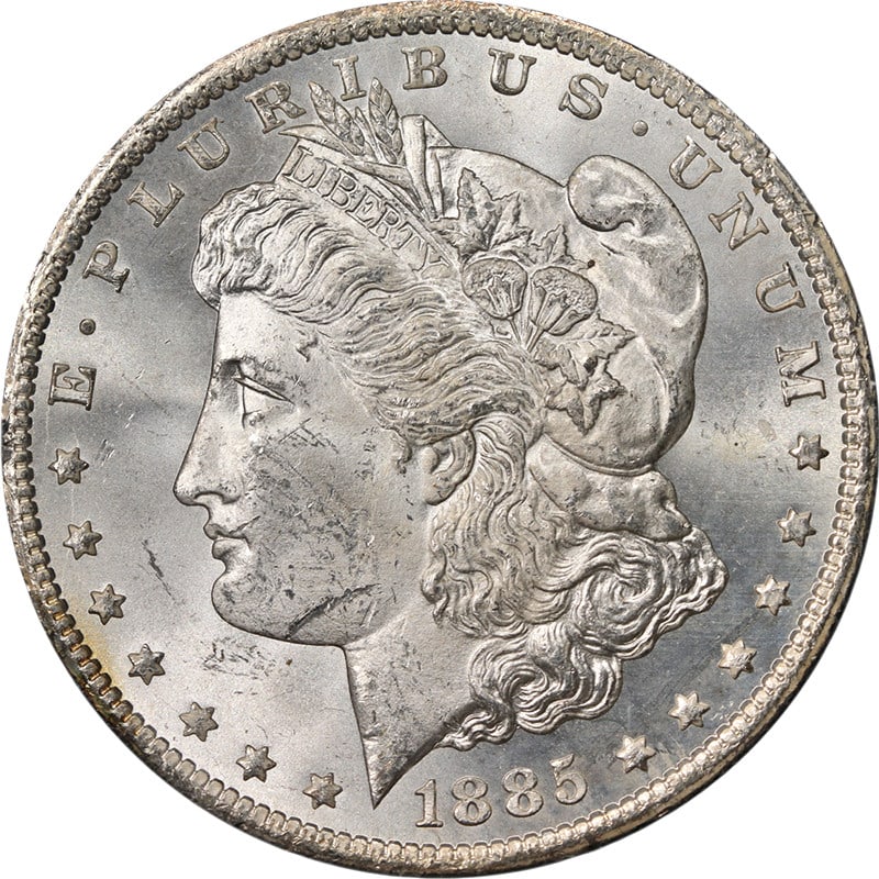 1885-CC GSA Morgan Silver Dollar NGC MS63 Blast White: 1885-CC GSA Morgan Silver Dollar NGC MS63 Blast White This exquisite 1885-CC GSA Morgan Silver Dollar showcases remarkable eye appeal, characterized by its fantastic luster and strong strike. Certifie