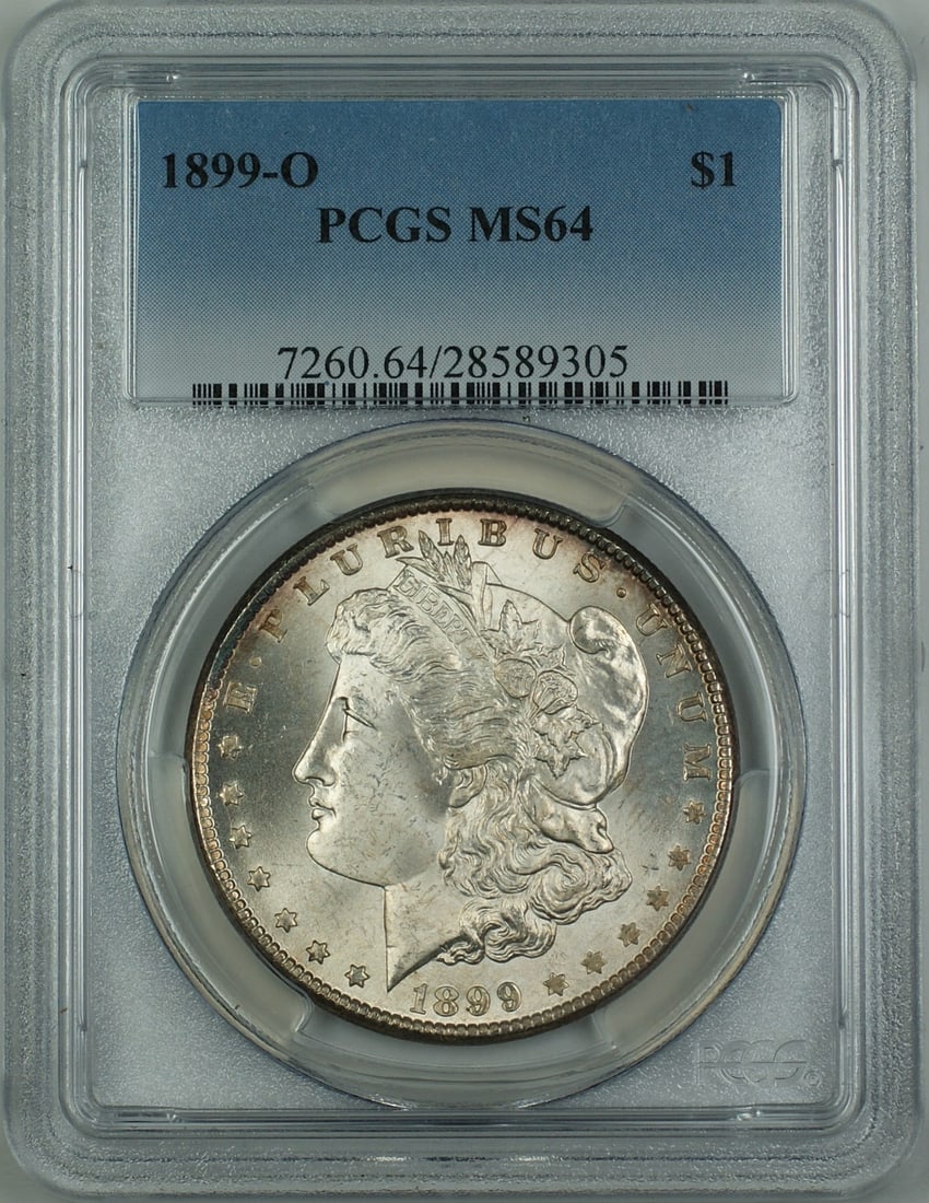 PCGS MS-64 1899-O Silver Morgan Dollar Coin from New Orleans Mint: PCGS MS-64 1899-O Silver Morgan Dollar Coin from New Orleans Mint This is an 1899-O Morgan Silver Dollar coin, graded MS-64 by PCGS. Minted in New Orleans, this uncirculated coin is composed of silver