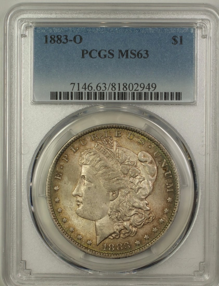 PCGS MS63 1883-O Toned Morgan Dollar Silver Coin from New Orleans Mint: PCGS MS63 1883-O Toned Morgan Dollar Silver Coin from New Orleans Mint This 1883-O Morgan Silver Dollar is an uncirculated coin certified by PCGS with a grade of MS 63. Minted in New Orleans, it featu
