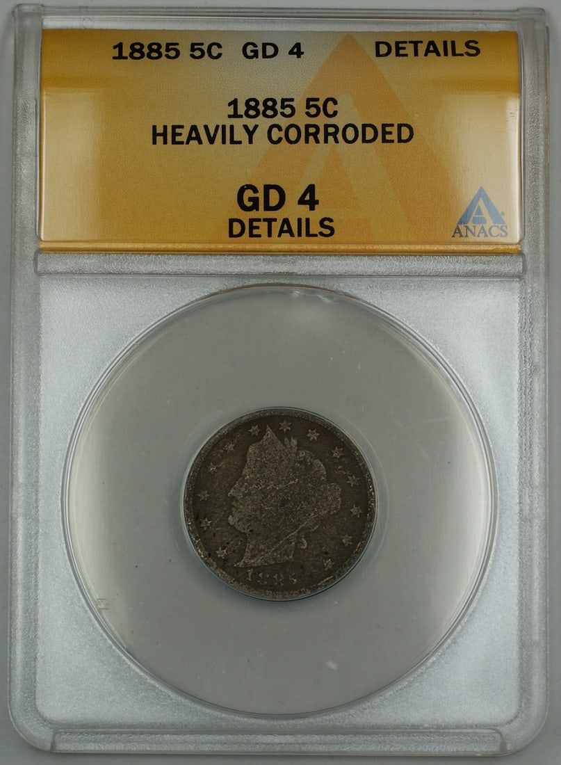 ANACS G-4 Details 1885 Liberty V Nickel 5 Cent Key Date Coin: ANACS G-4 Details 1885 Liberty V Nickel 5 Cent Key Date Coin This 1885 Liberty V Nickel is a key date coin certified by ANACS with a G-4 Details grade, noted as heavily corroded. Struck at the Philade