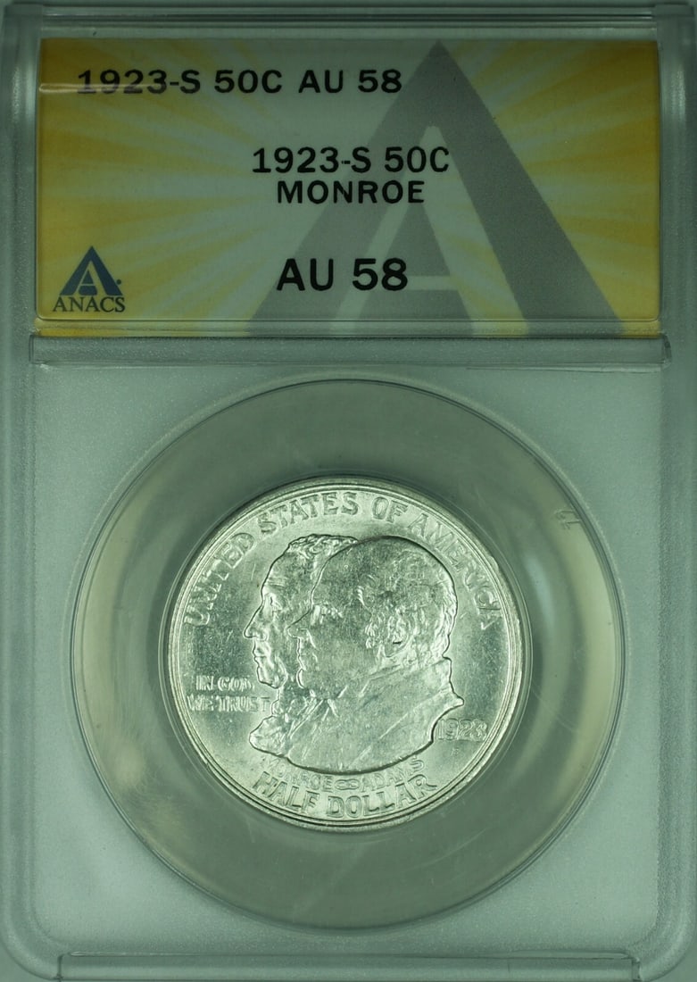 1923-S San Francisco Commemorative Silver Half Dollar ANACS AU-58: 1923-S San Francisco Commemorative Silver Half Dollar ANACS AU-58 This 1923-S Monroe commemorative half dollar is struck in silver and was minted in San Francisco. It is graded AU-58 by ANACS, indicat