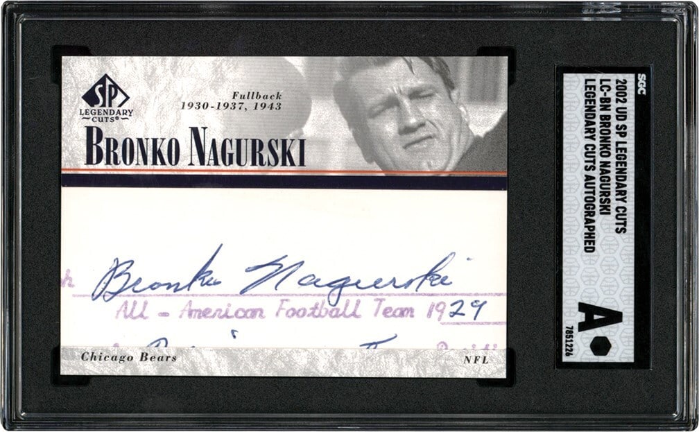 2002 Upper Deck SP Legendary Cuts Bronko Nagurski Autographed Card SGC 10/10: 2002 Upper Deck SP Legendary Cuts Bronko Nagurski Autographed Card SGC 10/10 This 2002 Upper Deck SP Legendary Cuts trading card features the legendary Bronko Nagurski, known for his remarkable contri