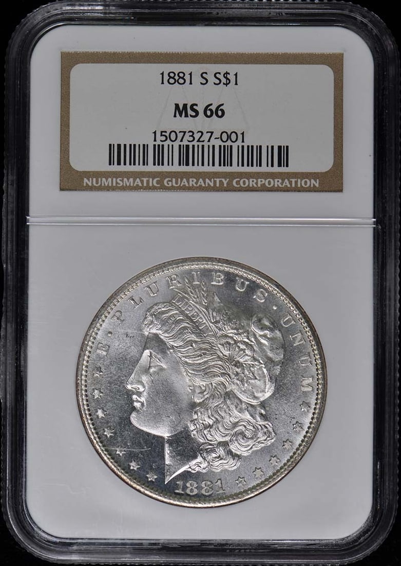 1881-S Morgan Dollar S$1 NGC MS66 Certified Uncirculated San Francisco: 1881-S Morgan Dollar S$1 NGC MS66 Certified Uncirculated San Francisco This 1881-S Morgan Dollar, graded MS66 by NGC, showcases exceptional quality and is classified as uncirculated. Minted in San Fra