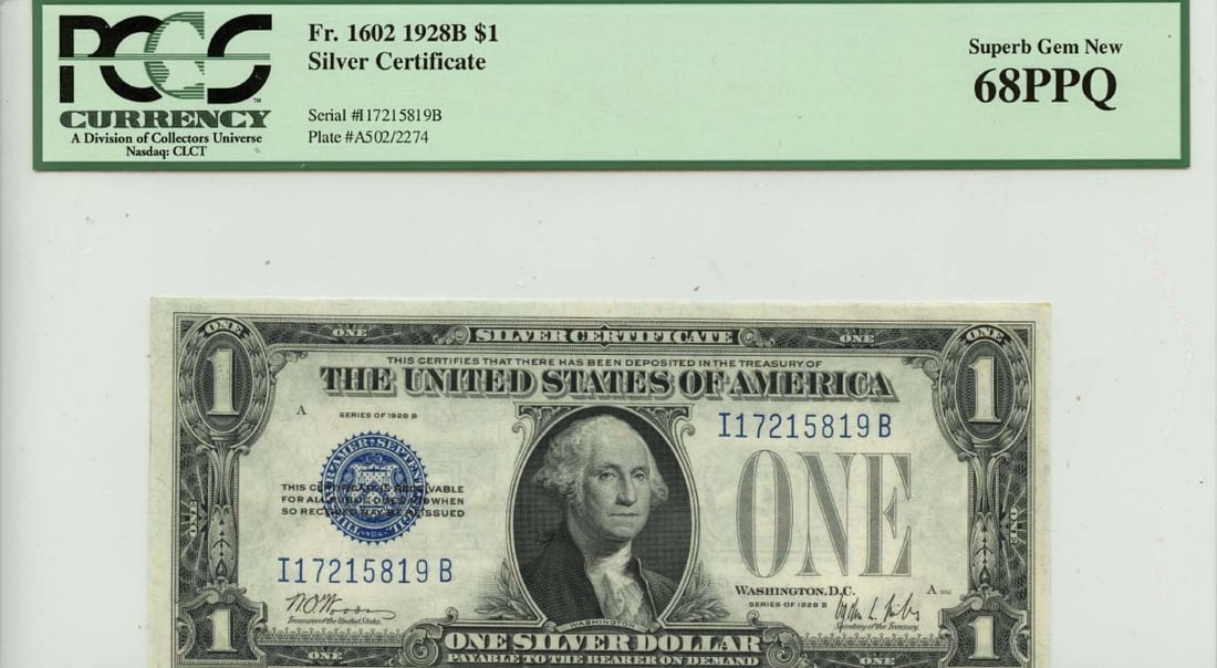 1928B $1 Silver Certificate Blue Seal PCGS Superb Gem 68 PPQ: 1928B $1 Silver Certificate Blue Seal PCGS Superb Gem 68 PPQ This 1928B $1 Silver Certificate features a striking blue seal and is designated as a FR#1602. Graded by PCGS as a Superb Gem 68 PPQ, this