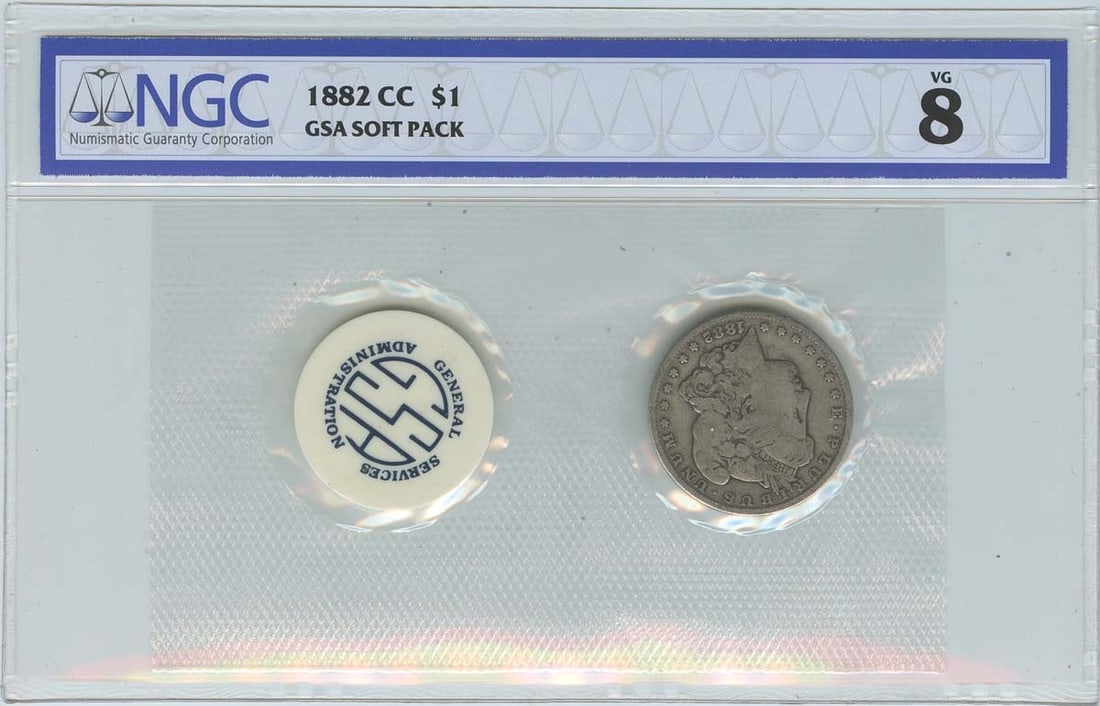 1882-CC Morgan Dollar GSA Soft Pack NGC VG8 Coin: 1882-CC Morgan Dollar GSA Soft Pack NGC VG8 Coin This 1882-CC Morgan Dollar is certified by NGC with a grade of VG8, indicating it has been circulated. Minted in Carson City, this iconic coin is noted