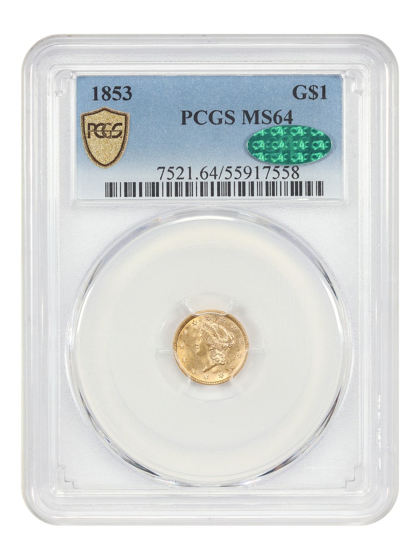 1853 Gold Dollar MS64 PCGS CAC Certified Philadelphia Mint Coin: 1853 Gold Dollar MS64 PCGS CAC Certified Philadelphia Mint Coin This 1853 Gold Dollar, graded MS64 by PCGS and certified with a CAC sticker, features a lustrous and well-struck appearance. Minted in P