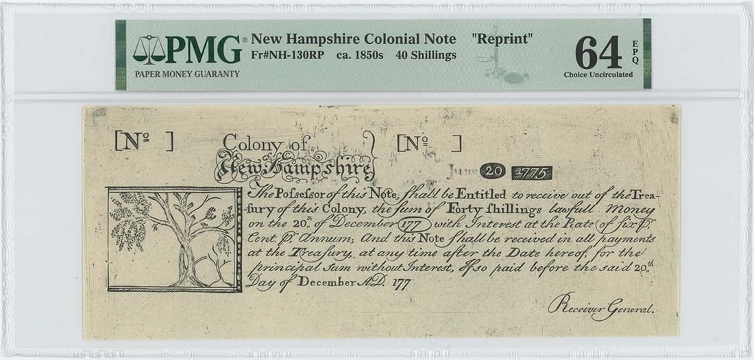 1775 NH Colonial 40 Shilling Note PMG CU64 EPQ Paul Revere: 1775 NH Colonial 40 Shilling Note PMG CU64 EPQ Paul Revere This is a remarkable 1775 New Hampshire 40 Shilling note, designated as NH-130. It has been graded as PMG CU64 EPQ, indicating its exceptiona