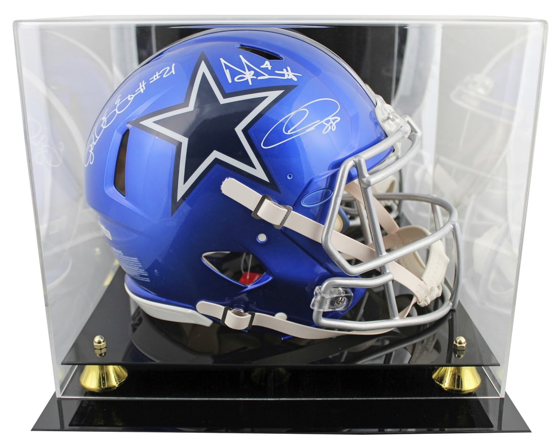Dallas Cowboys Autographed Flash Helmet by Prescott Elliott Lamb BAS Authenticated: Dallas Cowboys Autographed Flash Helmet by Prescott Elliott Lamb BAS Authenticated This autographed Dallas Cowboys Alternate Flash Riddell Full Size Speed Proline Helmet features the signatures of NFL
