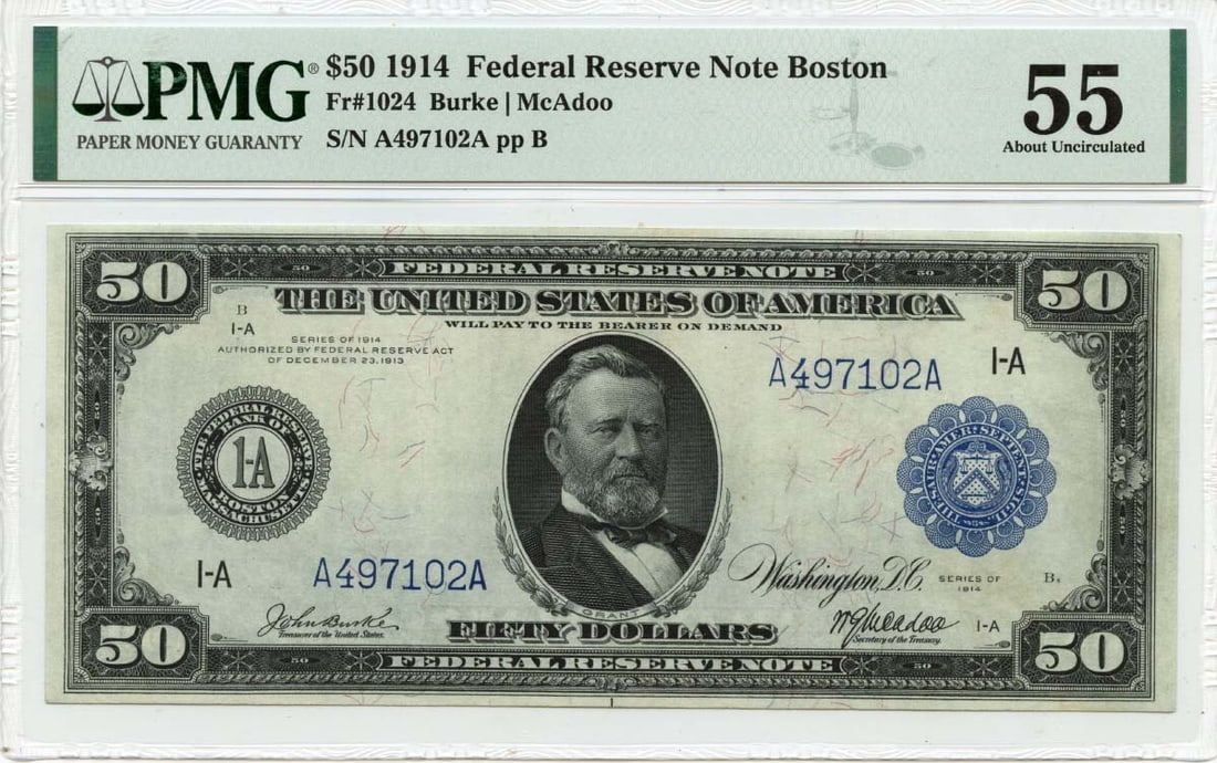 1914 $50 Federal Reserve Note Boston Fr# 1024 PMG AU55: 1914 $50 Federal Reserve Note Boston Fr# 1024 PMG AU55 This 1914 $50 Federal Reserve Note from Boston, designated as Type 1024, is a remarkable piece for collectors. It has been graded AU55 by PMG, in