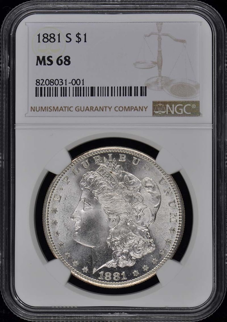 1881-S Morgan Dollar NGC MS68 Uncirculated San Francisco Mint: 1881-S Morgan Dollar NGC MS68 Uncirculated San Francisco Mint This 1881-S Morgan Dollar is a stunning example of American coinage, graded MS68 by NGC, indicating it is uncirculated with minimal imperf