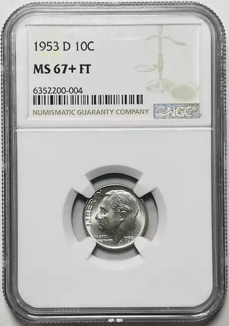 1953 Denver D Dime NGC MS67+ Full Torch Silver Coin: 1953 Denver D Dime NGC MS67+ Full Torch Silver Coin This 1953 D Dime, certified by NGC, showcases a remarkable MS-67+ grade with a Full Torch designation, indicating its exceptional quality and uncirc