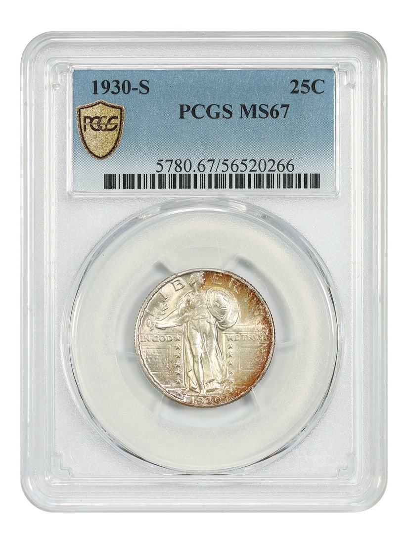 PCGS MS67 1930-S Standing Liberty 25C San Francisco Quarter: PCGS MS67 1930-S Standing Liberty 25C San Francisco Quarter This 1930-S Standing Liberty Quarter is graded MS67 by PCGS, indicating an uncirculated coin with superb gem quality. The coin displays orig