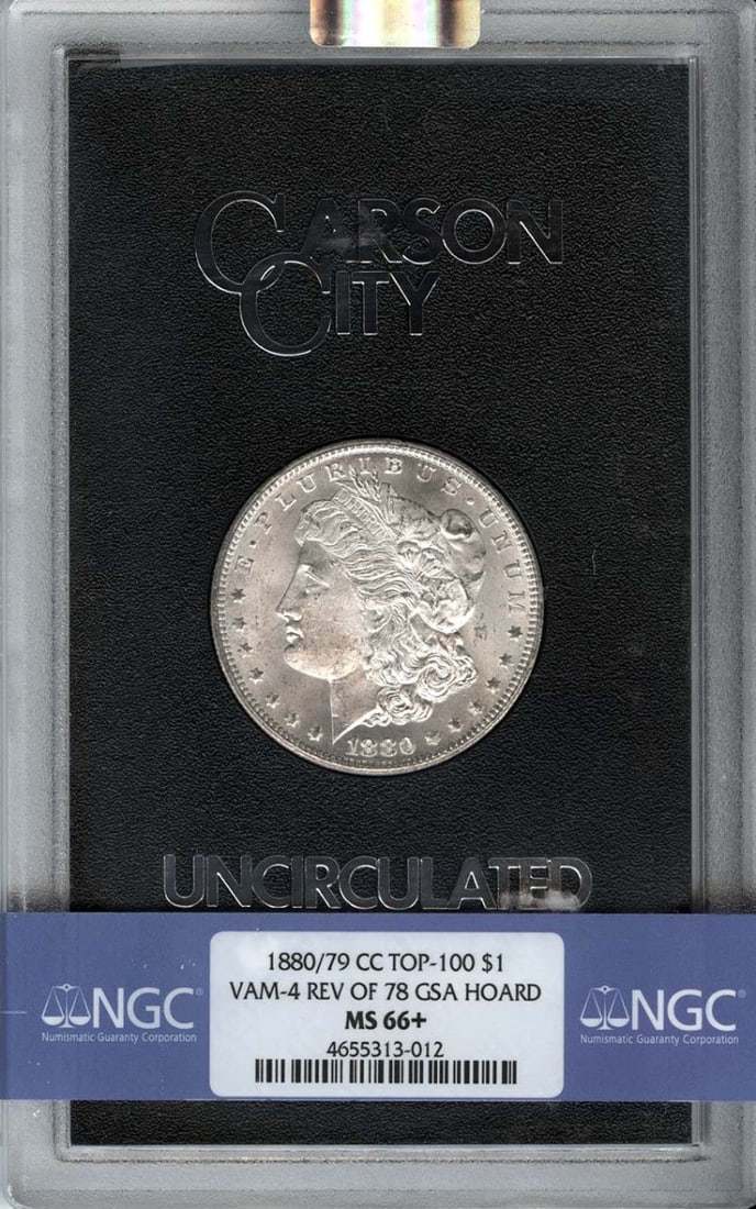 1880/79-CC Morgan VAM-4 Dollar NGC MS66+ TOP-100: 1880/79-CC Morgan VAM-4 Dollar NGC MS66+ TOP-100 This 1880/79-CC Morgan Dollar is a remarkable specimen, graded MS66+ by NGC, making it the finest known example of this designation. With its uncircula