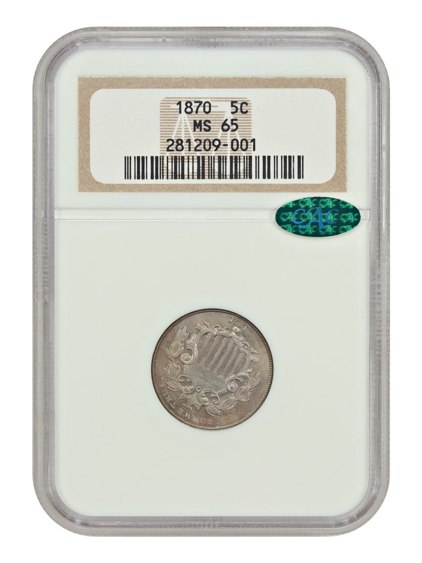 NGC CAC MS65 1870 Shield Nickel Five Cent Uncirculated Coin: NGC CAC MS65 1870 Shield Nickel Five Cent Uncirculated Coin This 1870 Shield Nickel is certified by NGC and features a CAC seal of approval, indicating its exceptional quality. Graded MS65, this uncir