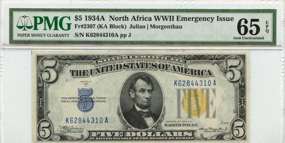 1934A $5 WWII Emergency Issue Fr# 2307 PMG Gem 65 EPQ Note: 1934A $5 WWII Emergency Issue Fr# 2307 PMG Gem 65 EPQ Note This 1934A $5 North Africa WWII Emergency Issue note is a remarkable collectible for currency enthusiasts. It is uncirculated and graded MS65