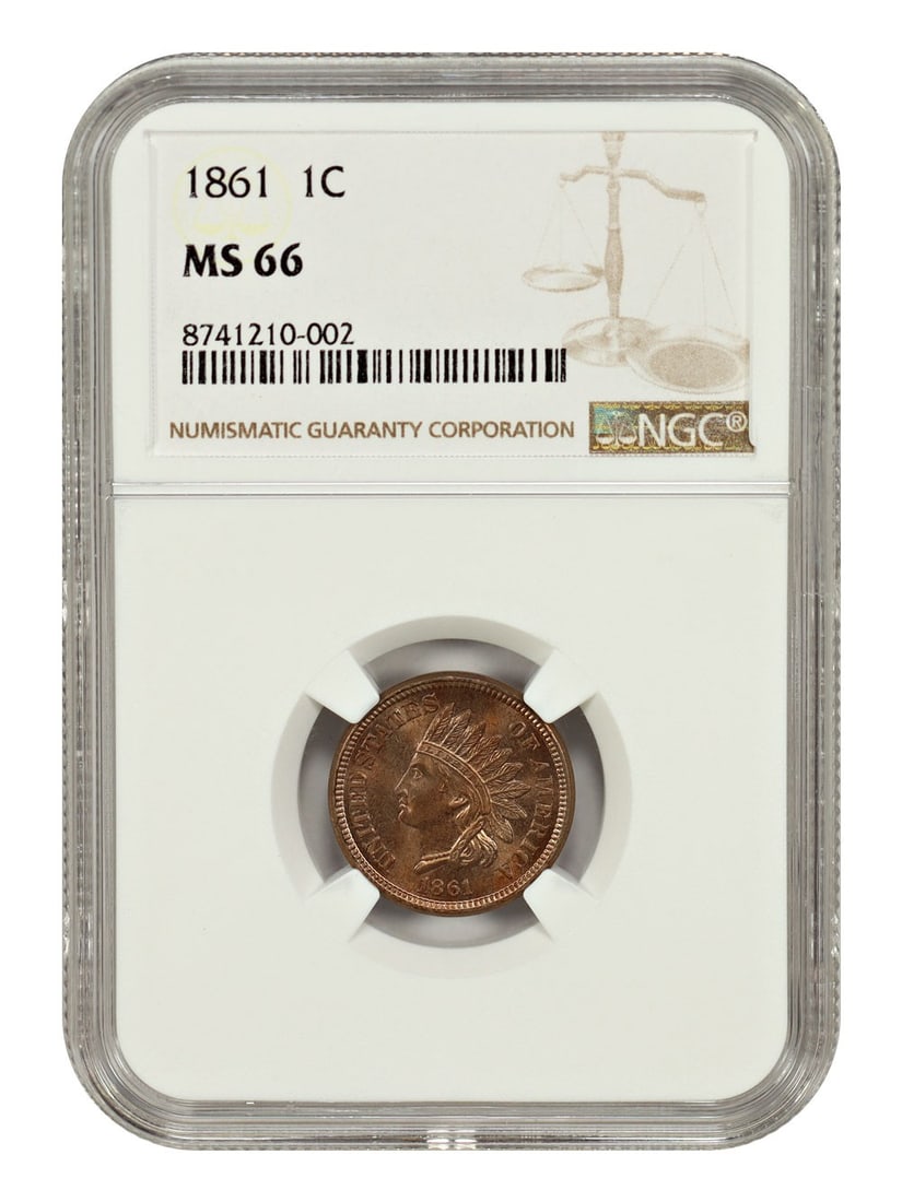 1861 Indian Cent Copper-Nickel 1C NGC MS66 Civil War Era: 1861 Indian Cent Copper-Nickel 1C NGC MS66 Civil War Era This 1861 Indian Cent is a better date copper-nickel issue from the Civil War era, graded MS66 by NGC. Struck in Philadelphia, it features fros