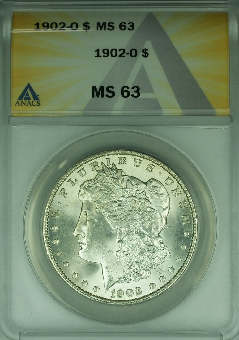 ANACS MS-63 1902-O New Orleans Morgan Silver Dollar One Dollar Coin: ANACS MS-63 1902-O New Orleans Morgan Silver Dollar One Dollar Coin This is a 1902-O Morgan Silver Dollar $1 coin graded MS-63 by ANACS. Minted in New Orleans, this uncirculated coin is composed of si